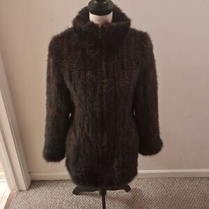 Women's Genuine Brown Knitted Mink Fur Stroller Jacket Belted Luxury Winter Cozy
